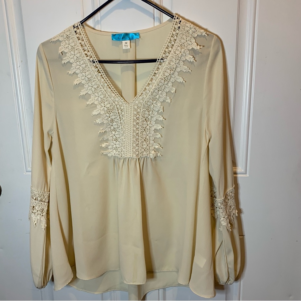 Buttons Beige Lace Trim Peasant Blouse Long Lace Trim Detailed Sleeves Size M
